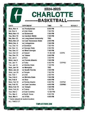 Charlotte 49ers Pirates Basketball 2024-25 Printable Schedule