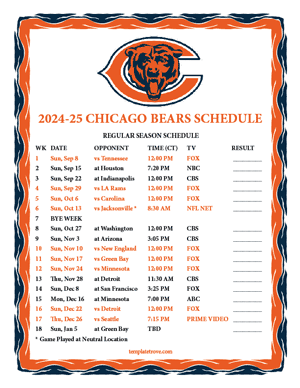 Chicago Bears 2024-25
 Printable Schedule - Central Times