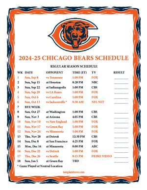 Chicago Bears 2024-25
 Printable Schedule