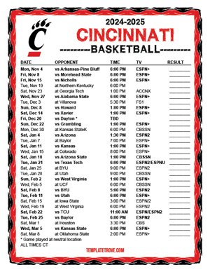 Cincinnati Bearcats Basketball 2024-25 Printable Schedule - Central Times