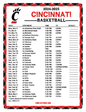 2024-25 Printable Cincinnati Bearcats Basketball Schedule