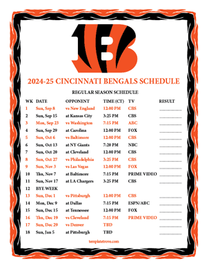 Cincinnati Bengals 2024-25
 Printable Schedule - Central Times
