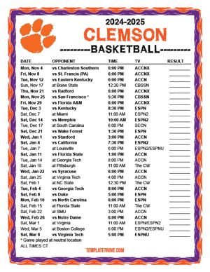 Clemson Tigers Basketball 2024-25 Printable Schedule - Central Times