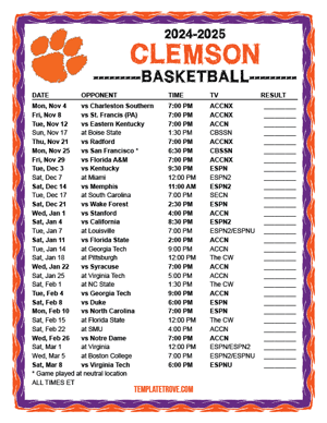 Clemson Tigers Basketball 2024-25 Printable Schedule