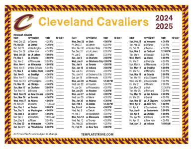 Cleveland Cavaliers 2024-25 Printable Schedule - Pacific Times