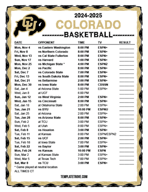 Colorado Buffaloes Basketball 2024-25 Printable Schedule - Central Times