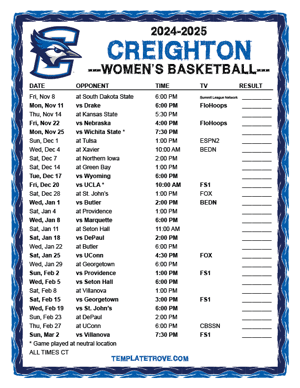 Creighton Bluejays Women's Basketball 2024-25 Printable Schedule - Central Times