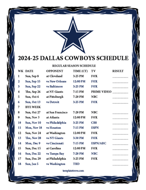 Dallas Cowboys 2024-25
 Printable Schedule - Central Times