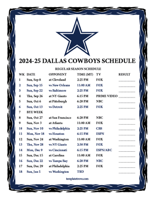 Dallas Cowboys 2024-25
 Printable Schedule - Mountain Times