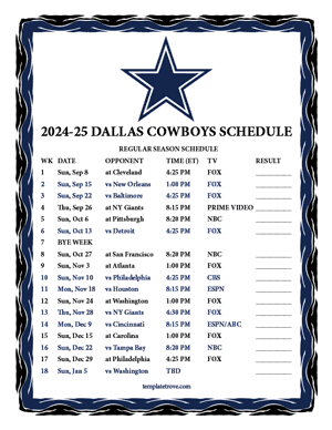 Dallas Cowboys 2024-25
 Printable Schedule