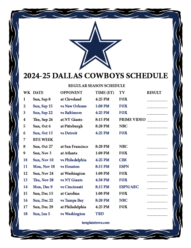 Printable 2024 2025 Dallas Cowboys Schedule