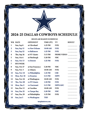 Dallas Cowboys 2024-25
 Printable Schedule - Pacific Times
