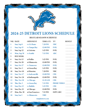 Detroit Lions 2024-25
 Printable Schedule - Central Times