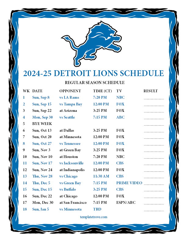 Printable 2024 2025 Detroit Lions Schedule