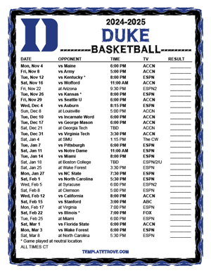 Duke Blue Devils Basketball 2024-25 Printable Schedule - Central Times