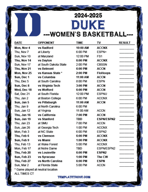 Duke Blue Devils Women's Basketball 2024-25 Printable Schedule - Central Times