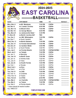 East Carolina Pirates Basketball 2024-25 Printable Schedule