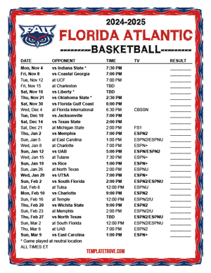 Florida Atlantic Owls Basketball 2024-25 Printable Schedule