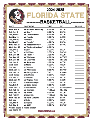 Florida State Seminoles Basketball 2024-25 Printable Schedule - Central Times