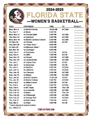 Florida State Seminoles Women's Basketball 2024-25 Printable Schedule - Central Times