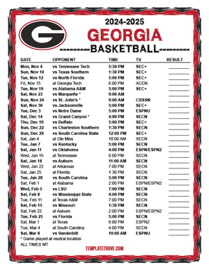 Georgia Bulldogs Basketball 2024-25 Printable Schedule - Mountain Times