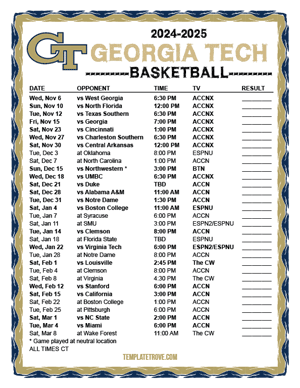 Georgia Tech Yellow Jackets Basketball 2024-25 Printable Schedule - Central Times