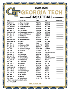 Georgia Tech Yellow Jackets Basketball 2024-25 Printable Schedule