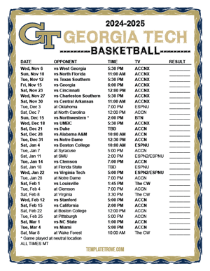 Georgia Tech Yellow Jackets Basketball 2024-25 Printable Schedule - Mountain Times