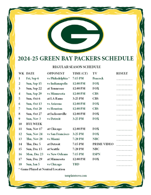 Green Bay Packers 2024-25
 Printable Schedule - Central Times