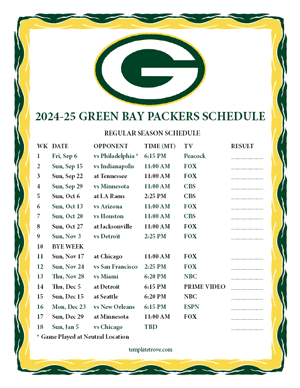 Green Bay Packers 2024-25
 Printable Schedule - Mountain Times