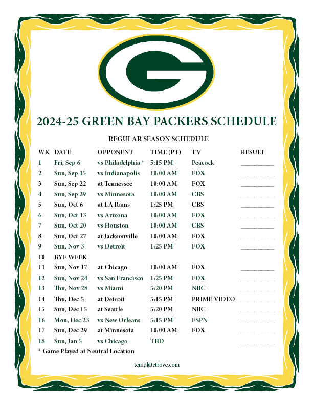 Printable 2024 2025 Green Bay Packers Schedule