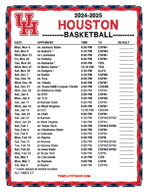 2024-25 Printable Houston Cougars Basketball Schedule