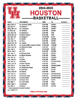 Houston Cougars Basketball 2024-25 Printable Schedule - Pacific Times