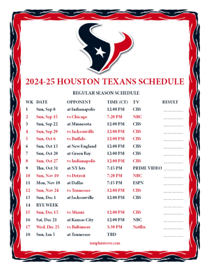 Houston Texans 2024-25
 Printable Schedule - Central Times