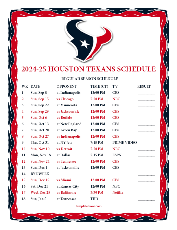 Printable 2024 2025 Houston Texans Schedule