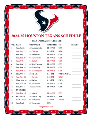 Houston Texans 2024-25
 Printable Schedule - Mountain Times
