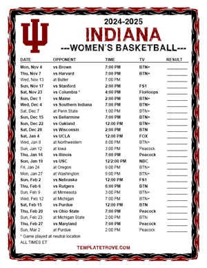 Indiana Hoosiers Women's Basketball 2024-25 Printable Schedule