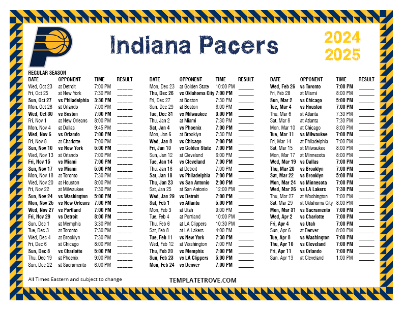 Printable 2024-2025 Indiana Pacers Schedule