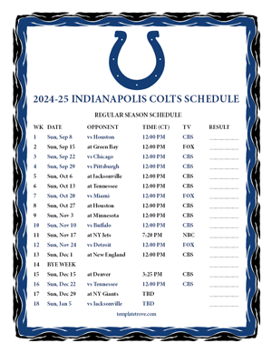 Indianapolis Colts 2024-25
 Printable Schedule - Central Times