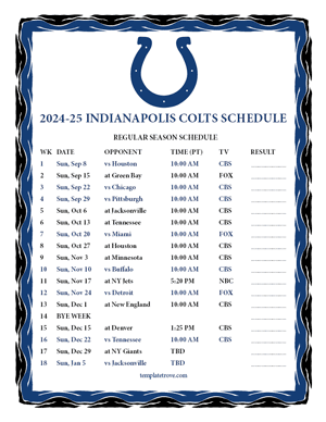 Indianapolis Colts 2024-25
 Printable Schedule - Pacific Times