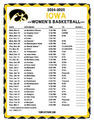 Iowa Hawkeyes Women's Basketball 2024-25 Printable Schedule