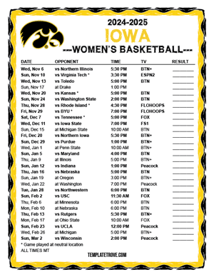 Iowa Hawkeyes Women's Basketball 2024-25 Printable Schedule - Mountain Times