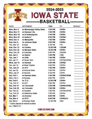 Iowa State Cyclones Basketball 2024-25 Printable Schedule - Central Times