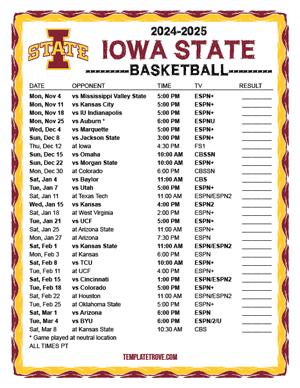 Iowa State Cyclones Basketball 2024-25 Printable Schedule - Pacific Times