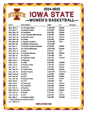 Iowa State Cyclones Women's Basketball 2024-25 Printable Schedule - Central Times