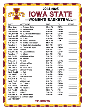 Iowa State Cyclones Women's Basketball 2024-25 Printable Schedule - Mountain Times