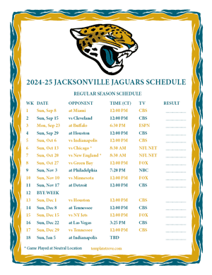 Jacksonville Jaguars 2024-25
 Printable Schedule - Central Times