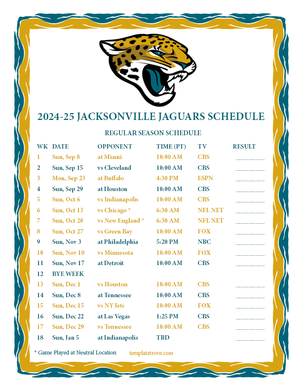 Printable 2024 2025 Jacksonville Jaguars Schedule