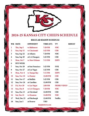 Kansas City Chiefs 2024-25
 Printable Schedule - Central Times