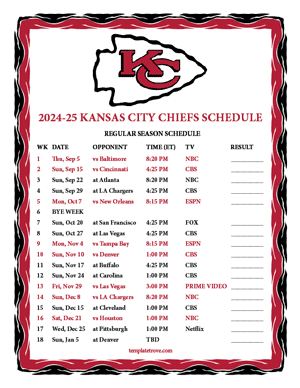 Kansas City Chiefs 2024-25
 Printable Schedule